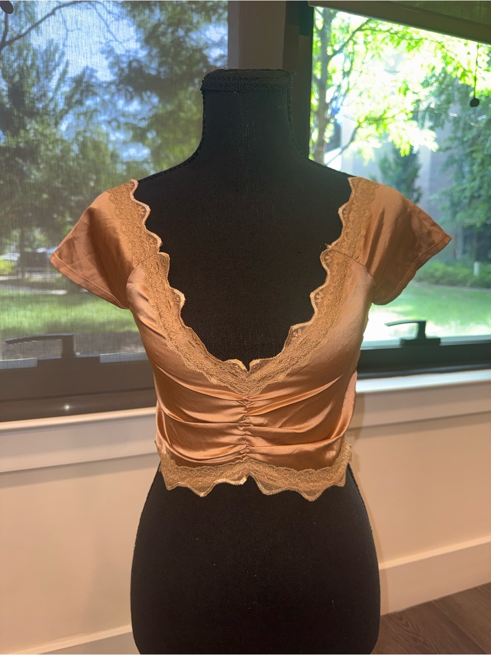 Fashion Nova Copper Satin Lace-Trim Cropped Top